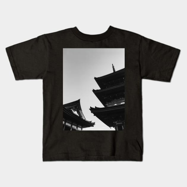 Roofs of Japanese Pagoda in Black and White Kids T-Shirt by visualspectrum